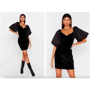 Nasty Gal Black Velvet Deep V Neck Balloon Sleeve